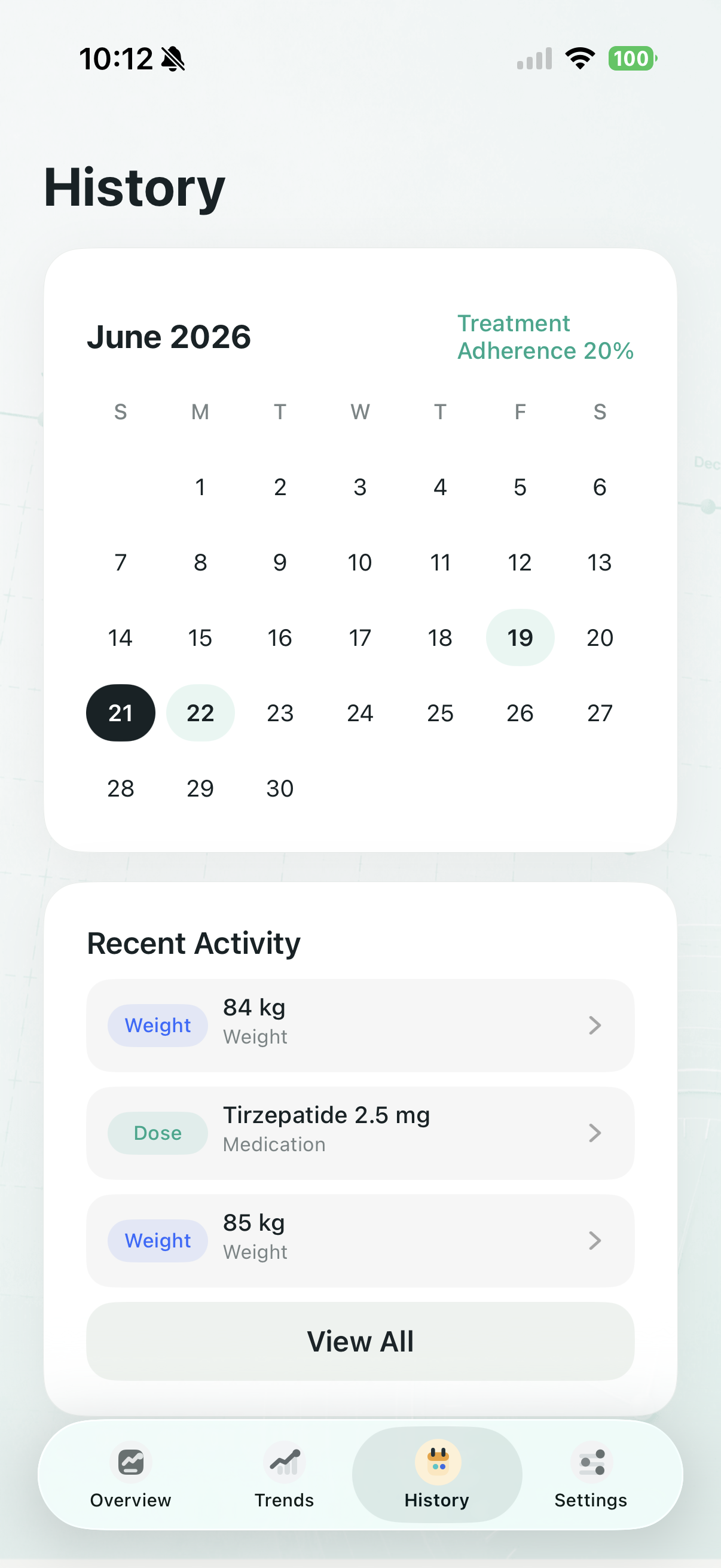 Luma history tab with calendar and recent activity.