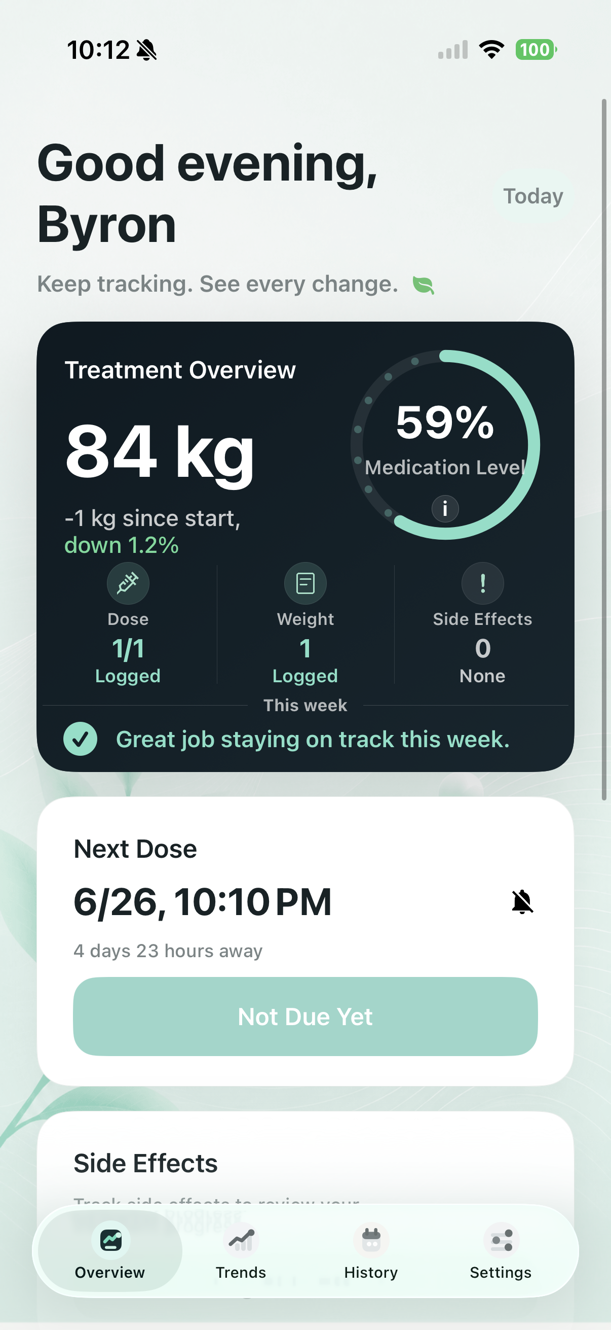 Luma overview screen showing treatment status, next dose, weight, and side effects.