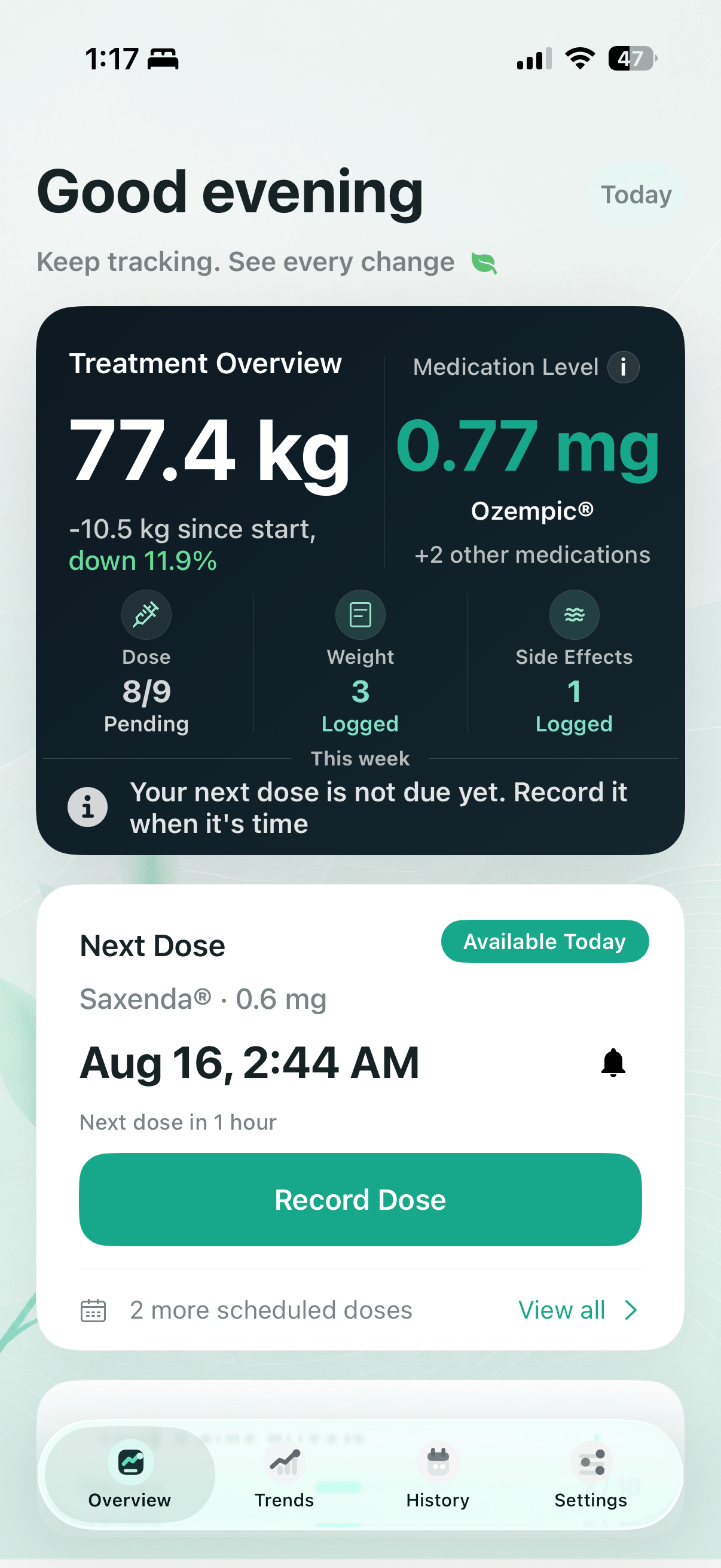 Dosia Overview Screen showing active plans, estimated medication levels, and adherence timeline.