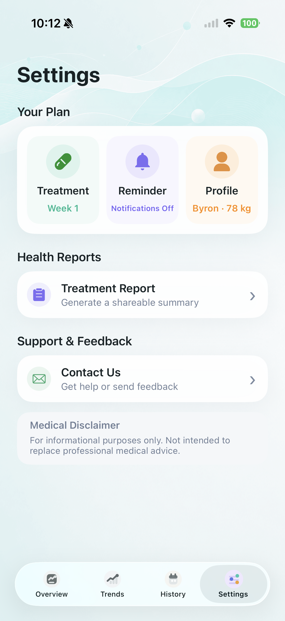 Luma settings tab with treatment report entry.
